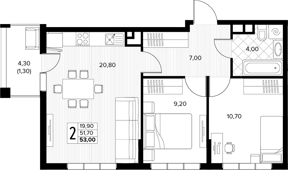 Продается 2-комн. квартира, 51.7 м²