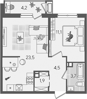 2-комн., 44.7 м², 5/24 этаж, ЖК «Рекорд»