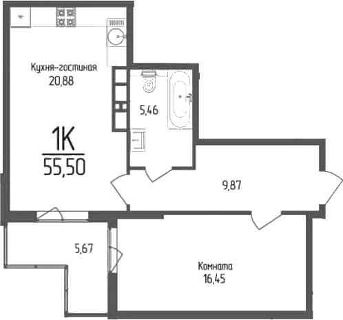 1-комн., 52.66 м², 3/18 этаж, ЖК «Кумир»