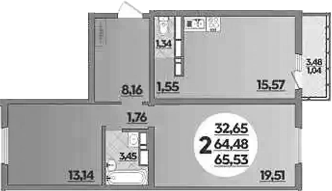 2-комн., 64.49 м², 5/12 этаж, ЖК «Предгорье Лаго-Наки»