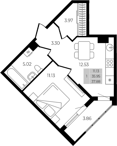 1-комн., 35.95 м², 7/8 этаж, ЖК «Курортный регион»