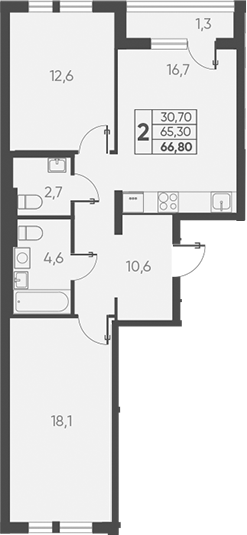 2-комн., 65.3 м², 10/15 этаж, ЖК «Барса»