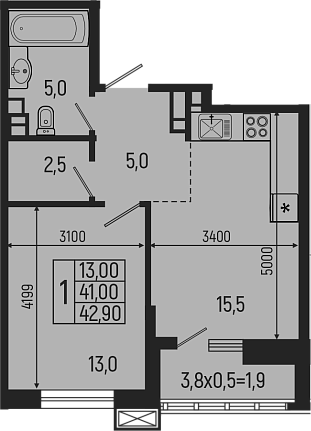 2-комн., 41 м², 9/9 этаж, ЖК «Звезды»