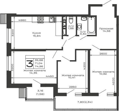 3-комн., 71.04 м², 11/16 этаж, ЖК «Долина»