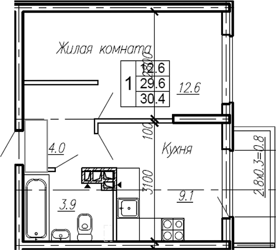 1-комн., 29.6 м², 3/4 этаж, ЖК «Эво»
