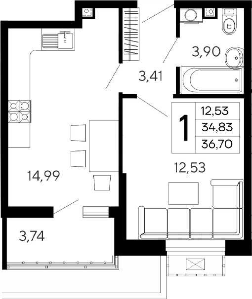 1-комн., 34.83 м², 2/16 этаж, ЖК «Эпос»