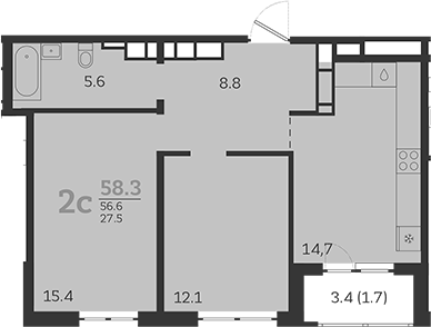Продается 2-комн. квартира, 56.6 м²