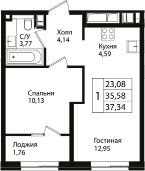 2-комн., 35.3 м², 9/9 этаж, ЖК «Патрики»