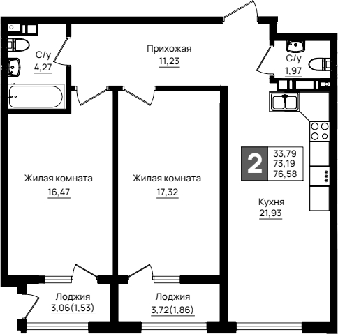 2-комн., 73.19 м², 5/9 этаж, ЖК «Резиденция морей»