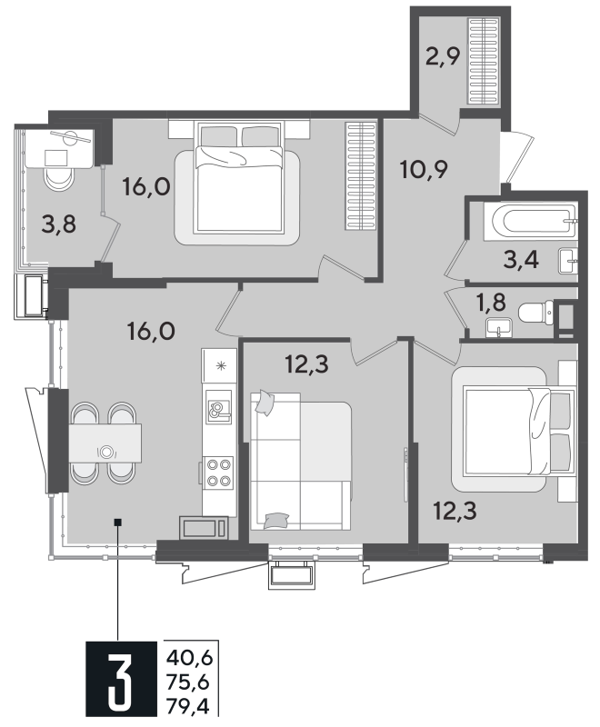 4+ комнаты, 75.6 м², 17/18 этаж, ЖК «Парк Победы»