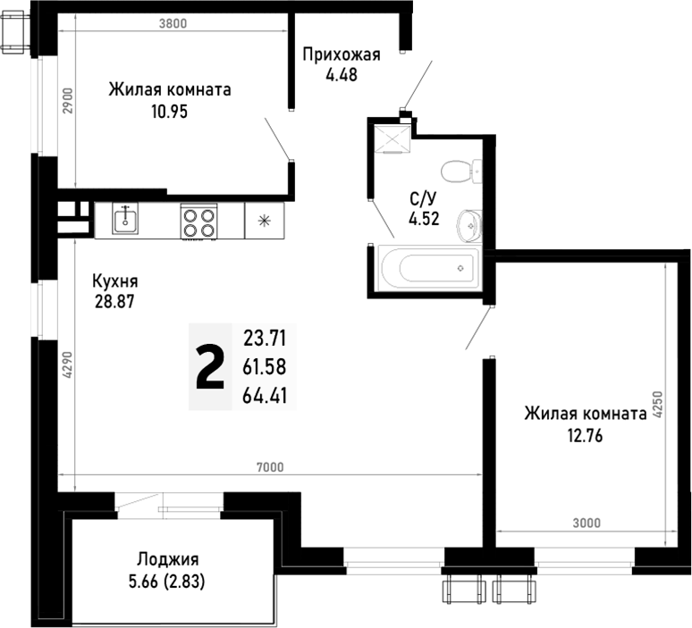 Продается 2-комн. квартира, 61.58 м²