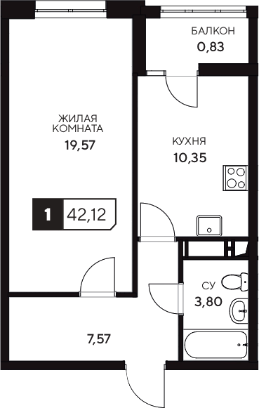 1-комн., 41.29 м², 5/20 этаж, ЖК «Центральный. Гамма»