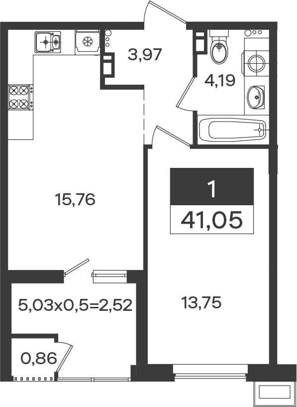 1-комн., 38.53 м², 3/18 этаж, ЖК «Образцово»