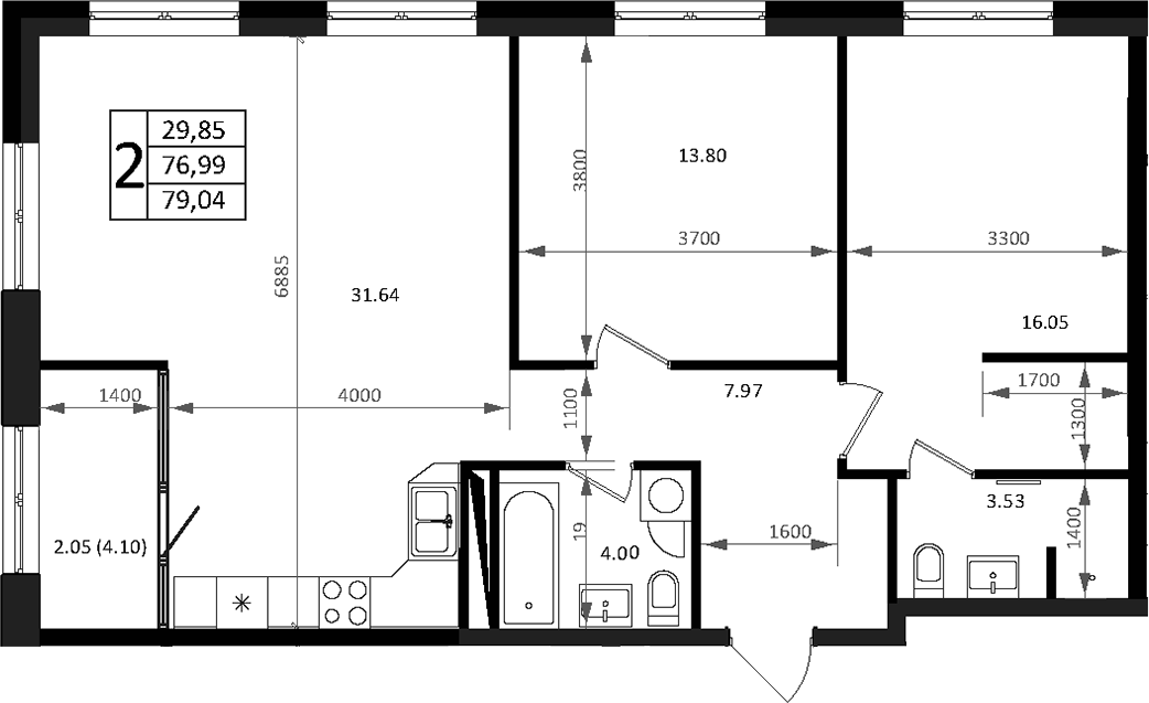 3-комн., 79.04 м², 3/16 этаж, ЖК «Патрики»