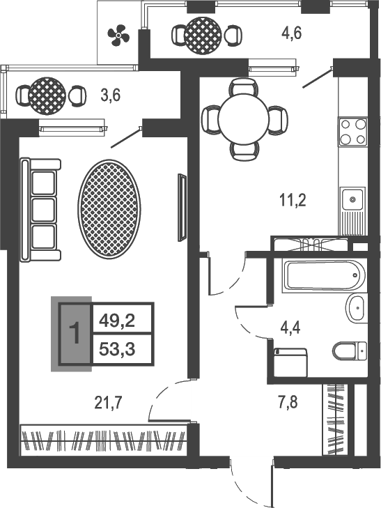1-комн., 45.1 м², 20/21 этаж, ЖК «Дом у озера»