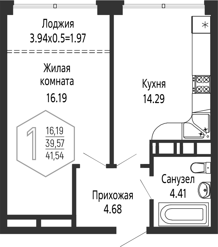 1-комн., 39.57 м², 23/24 этаж, ЖК «Гарантия PRIME»