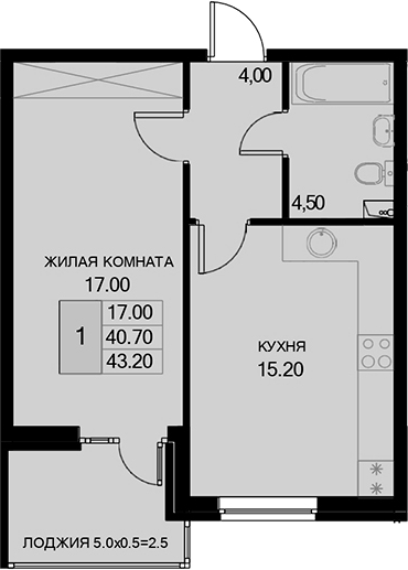 1-комн., 40.7 м², 2/7 этаж, ЖК «История»