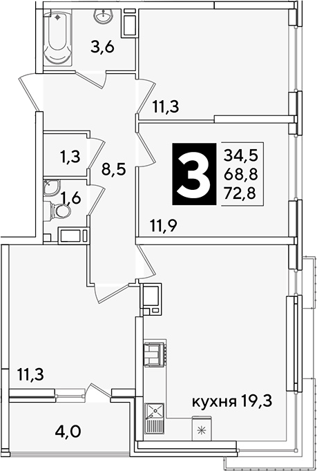 4+ комнаты, 68.8 м², 15/16 этаж, ЖК «Самолет»