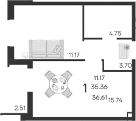 Продается 1-комн. квартира, 35.36 м²
