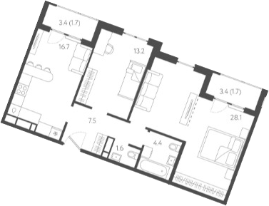3-комн., 71.5 м², 3/24 этаж, ЖК «Все Свои VIP»