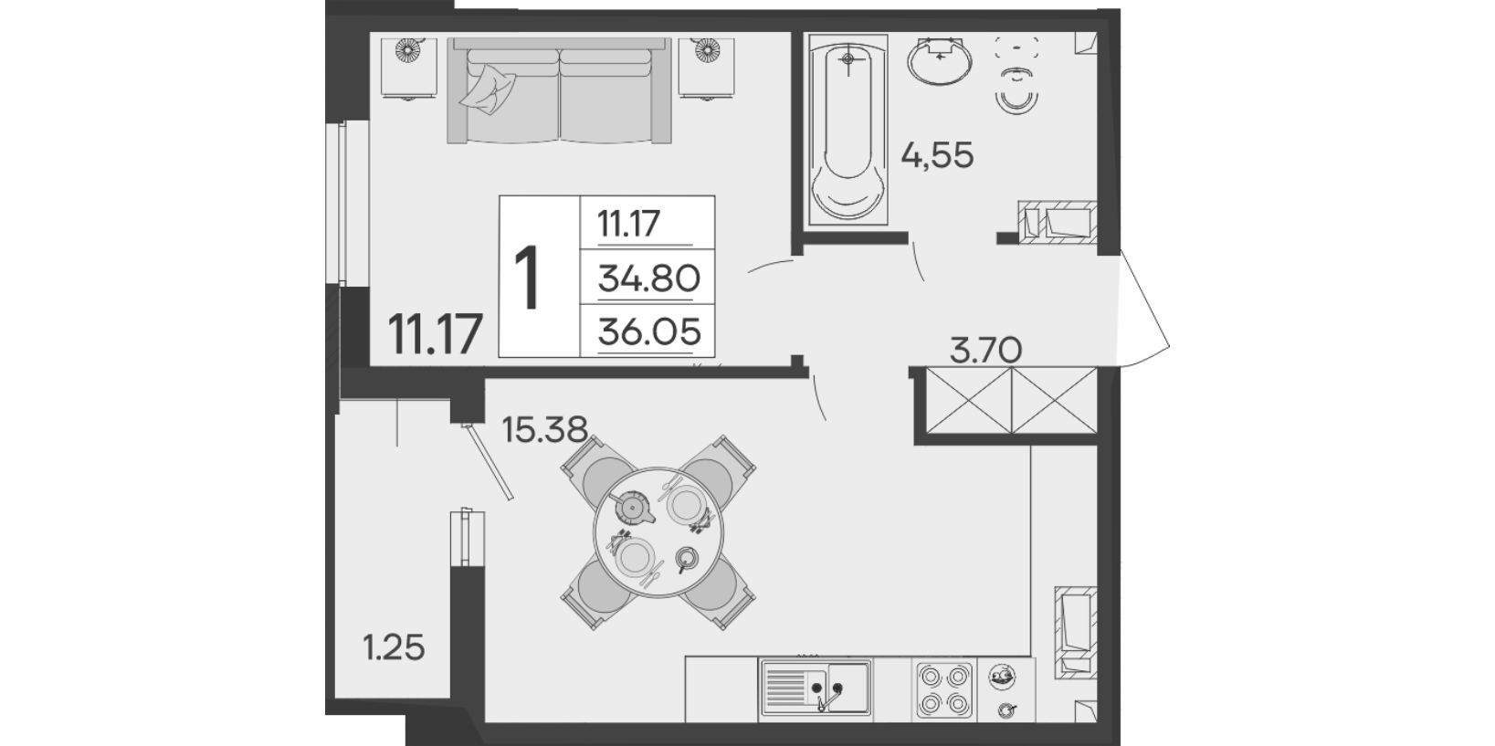 1-комн., 34.8 м², 8/9 этаж, ЖК «Дом 101»