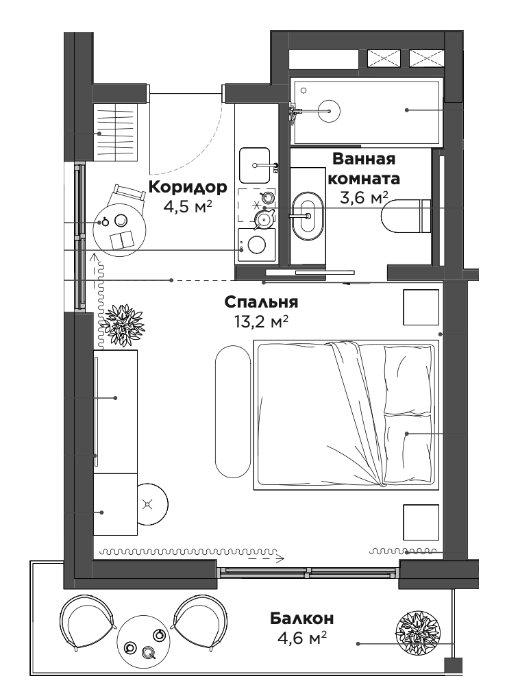 Студия, 21.94 м², 2/3 этаж, ЖК «Гостиничный комплекс Chalet Delux»