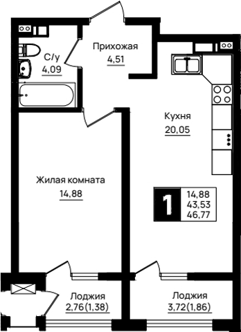 1-комн., 43.53 м², 2/18 этаж, ЖК «Резиденция морей»