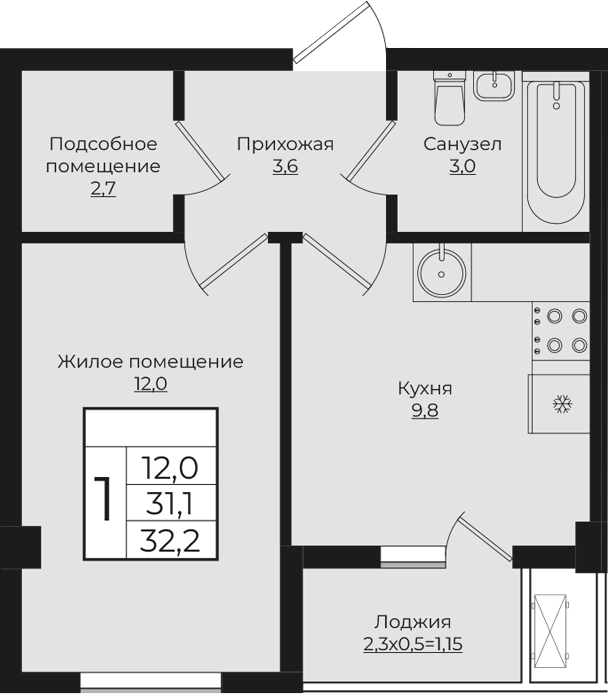 1-комн., 31.05 м², 9/9 этаж, ЖК «Европа-Сити»