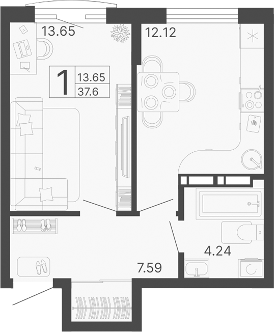 1-комн., 37.6 м², 14/14 этаж, ЖК «Светский лес»