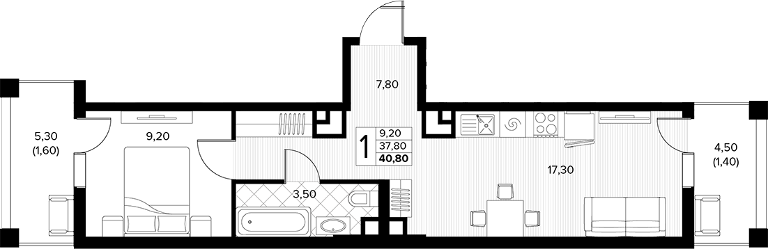 1-комн., 37.8 м², 2/6 этаж, ЖК «Кипарис»