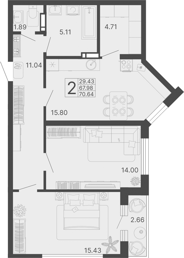 2-комн., 67.98 м², 10/17 этаж, ЖК «Светский лес»