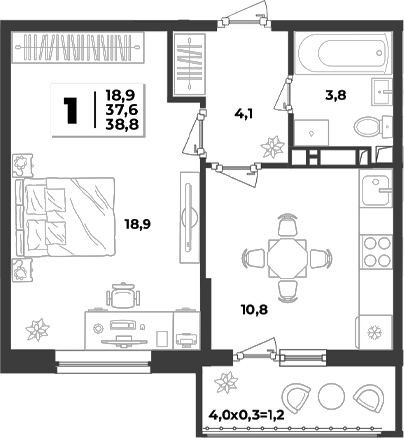 1-комн., 37.6 м², 2/9 этаж, ЖК «Лето»