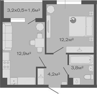 1-комн., 33.1 м², 4/4 этаж, ЖК «Дзенпарк»