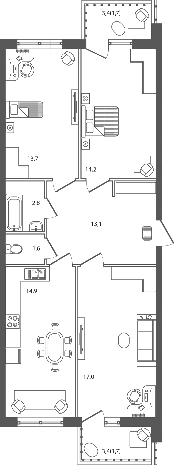 3-комн., 77.5 м², 2/7 этаж, ЖК «Сиреневый бульвар»