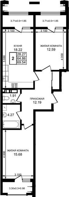 2-комн., 64.86 м², 5/8 этаж, ЖК «Резиденция морей»