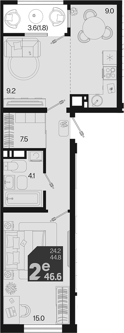 2-комн., 44.8 м², 4/9 этаж, ЖК «Первое место»