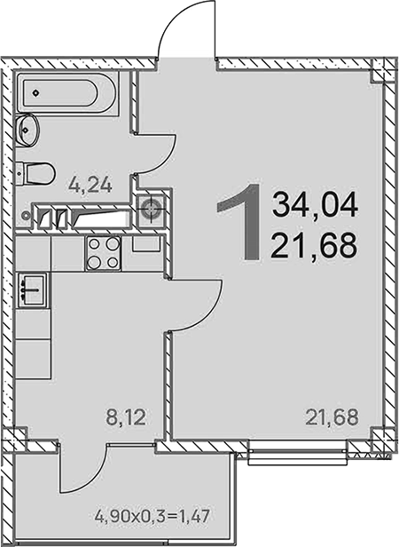 1-комн., 32.57 м², 1/9 этаж, ЖК «Две реки»