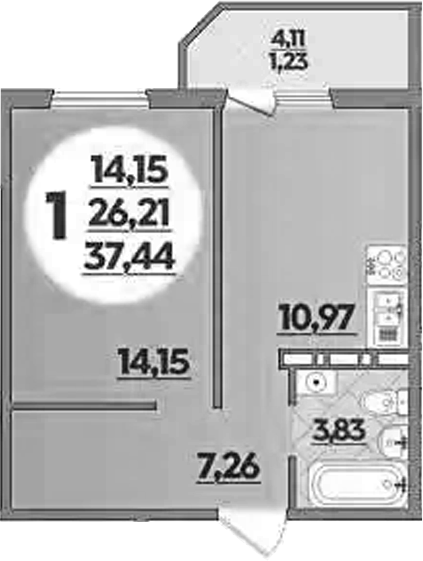 1-комн., 36.21 м², 4/9 этаж, ЖК «Южная долина»
