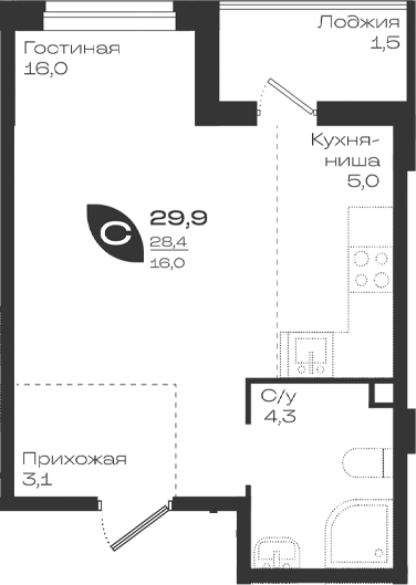 Студия, 28.4 м², 2/9 этаж, ЖК «Ботаника»