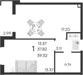 1-комн., 37.82 м², 2/18 этаж, ЖК «Дом 101»