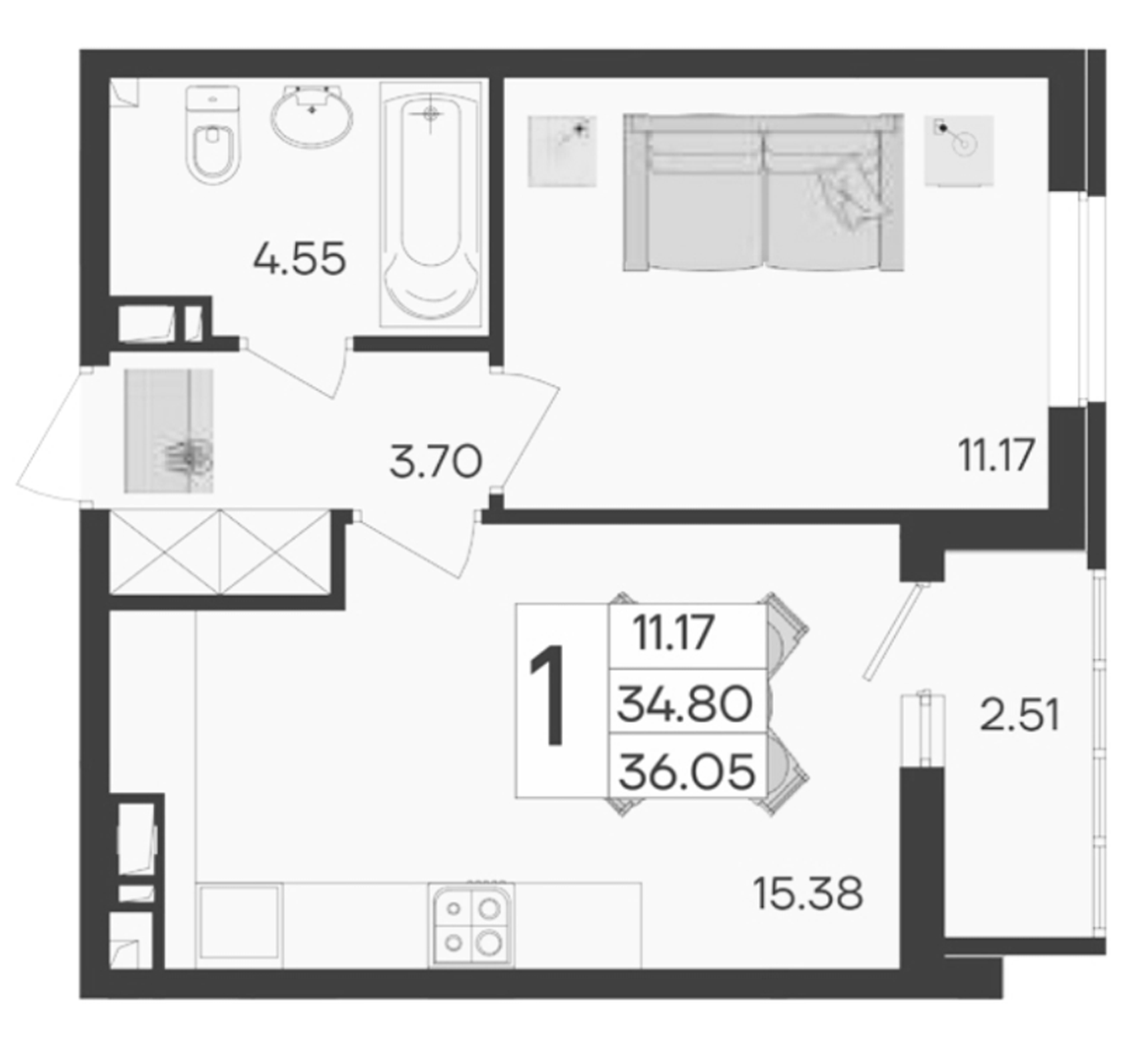 1-комн., 34.8 м², 8/9 этаж, ЖК «Дом 101»