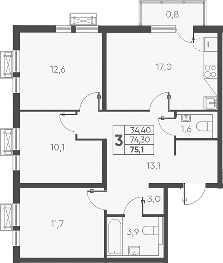 3-комн., 76.17 м², 14/24 этаж, ЖК «Барса»
