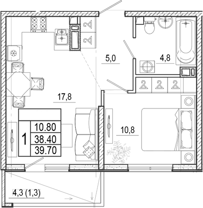 2-комн., 38.4 м², 11/17 этаж, ЖК «Лестория»