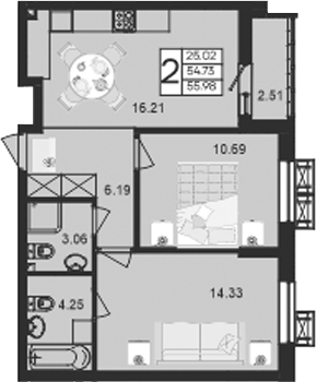 2-комн., 54.73 м², 2/9 этаж, ЖК «Дом 101»