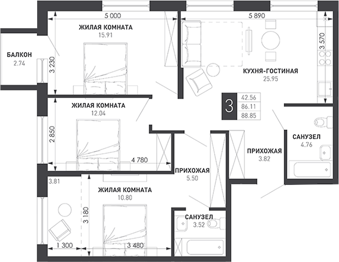 3-комн., 84.82 м², 4/9 этаж, ЖК «Иначе в Молодежном»