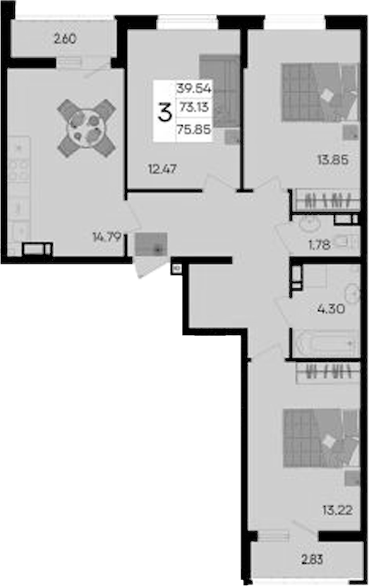 3-комн., 73.13 м², 8/9 этаж, ЖК «Дом 101»