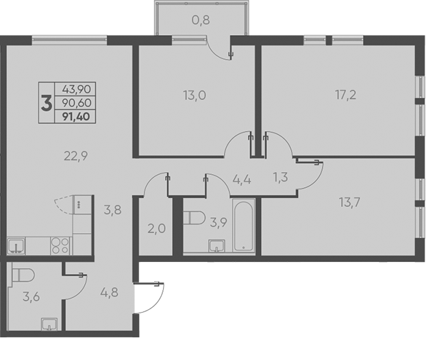 3-комн., 90.6 м², 3/24 этаж, ЖК «Барса»