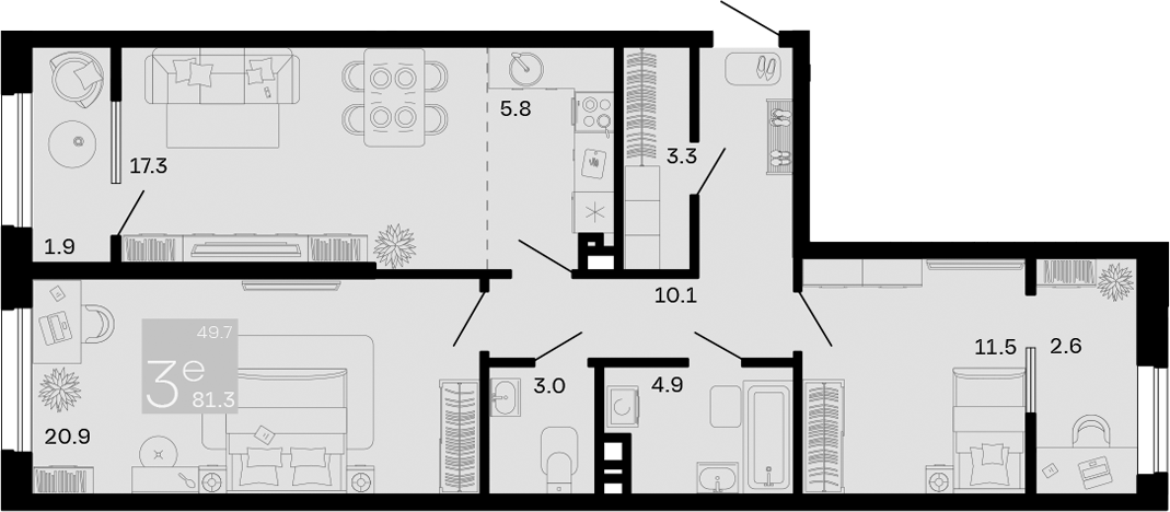 3-комн., 76.8 м², 2/8 этаж, ЖК «Хозяин Морей»