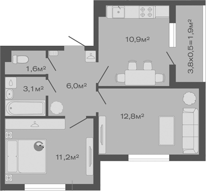 2-комн., 45.6 м², 1/4 этаж, ЖК «Дзенпарк»