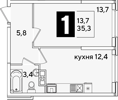 1-комн., 35.3 м², 5/16 этаж, ЖК «Самолет»